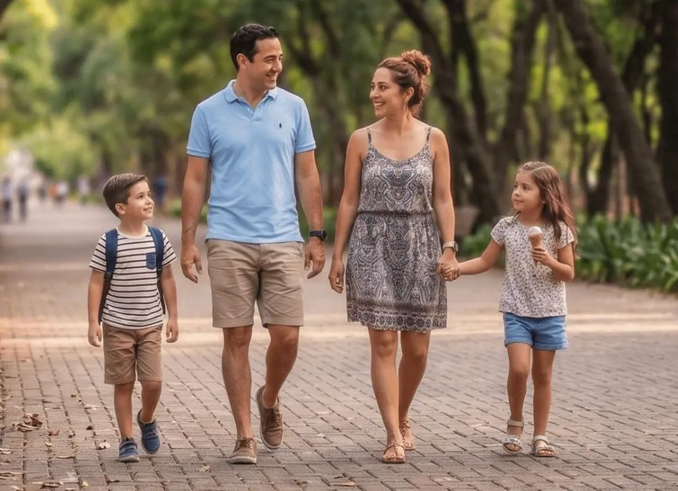 Family walking in Bosque de Chapultepec, holding hands, daughter holding ice cream, trees in the background.