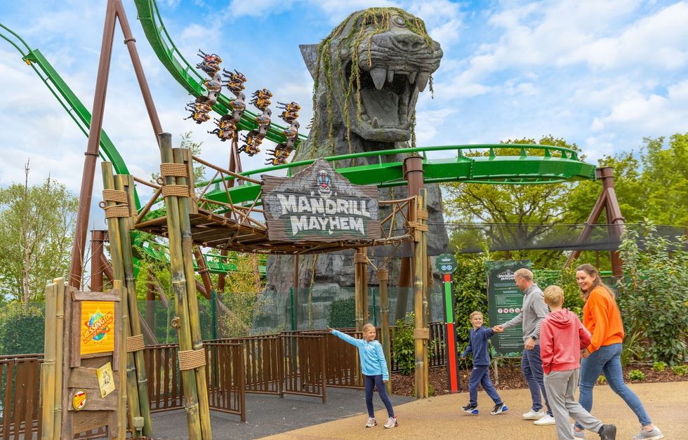 Family walking near Mandrill Mayhem roller coaster entrance at Chessington, with giant sculpture above.