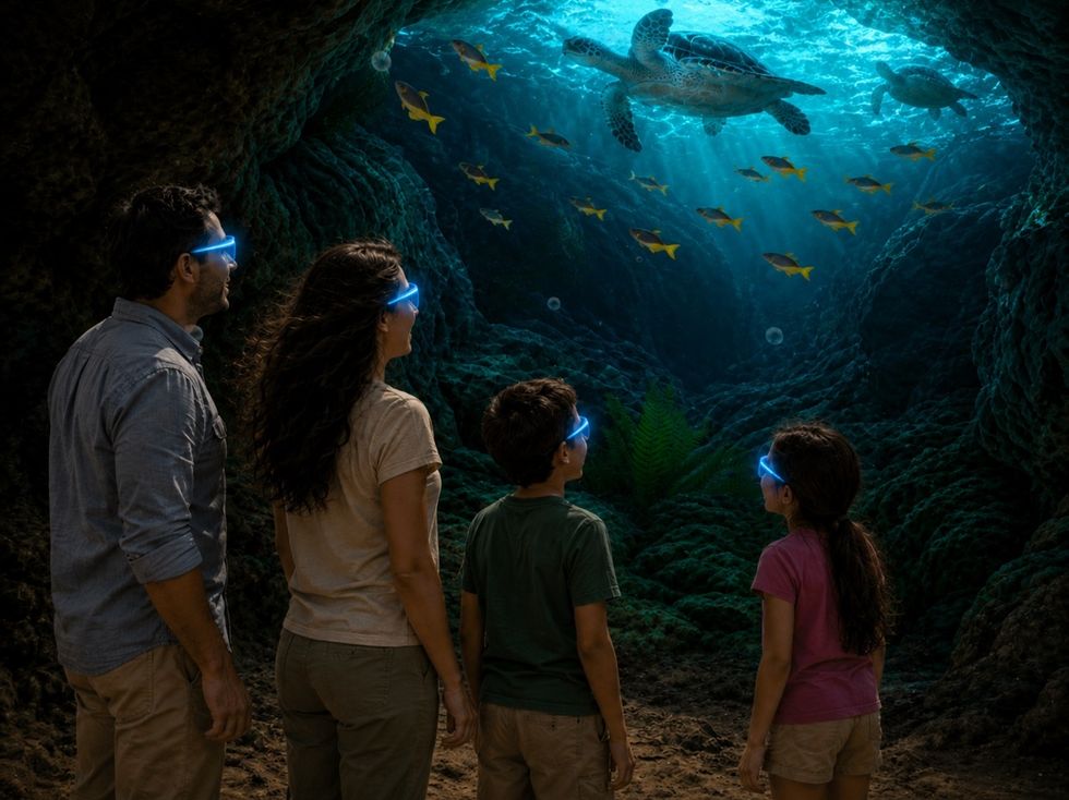 Family with glowing glasses exploring underwater cave with turtles and fish above.