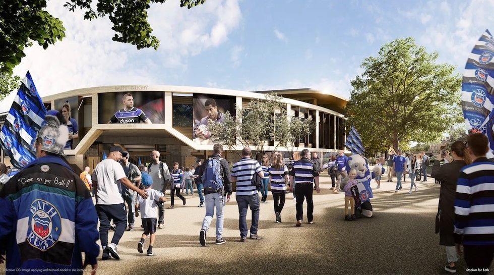 Fans gather outside stadium with Bath Rugby banners and merchandise.