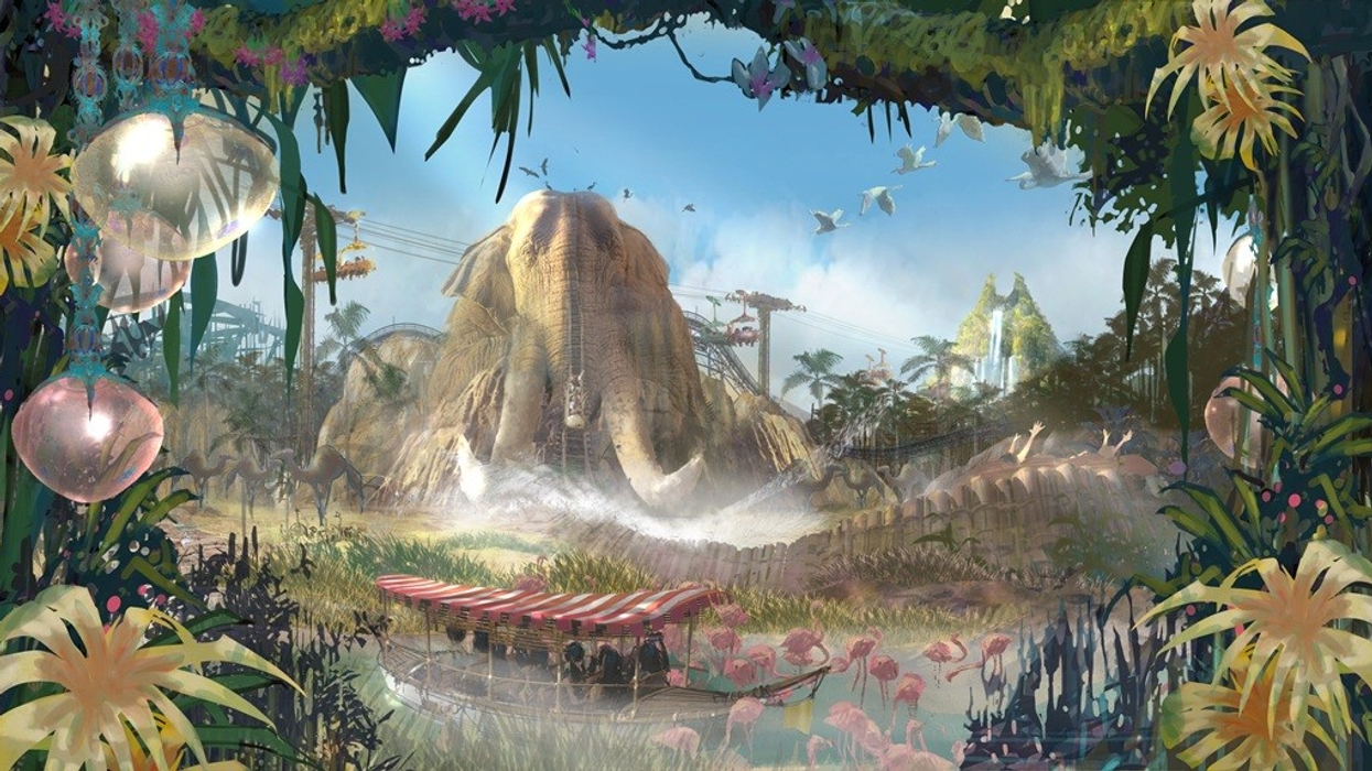 Fantastical jungle scene with giant elephant rock, birds, flamingos, and a boat sailing nearby.