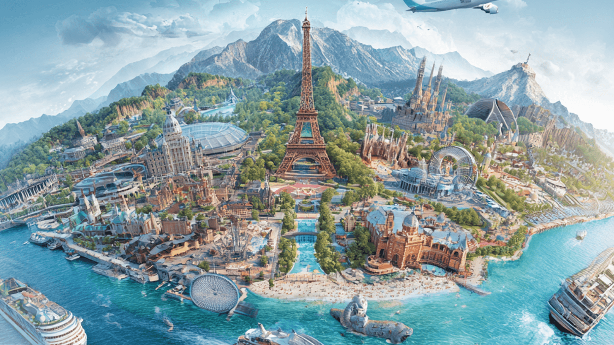 Fantasy cityscape with iconic landmarks, mountains, coast, cruise ships, and an airplane.