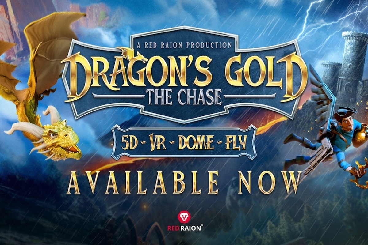 Fantasy film poster with a dragon and an adventurer, "Dragon's Gold: The Chase" available now.
