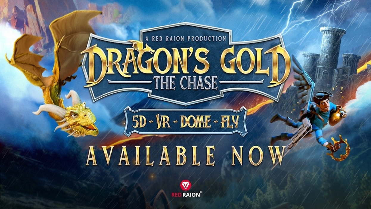 Fantasy film poster with a dragon and an adventurer, "Dragon's Gold: The Chase" available now.