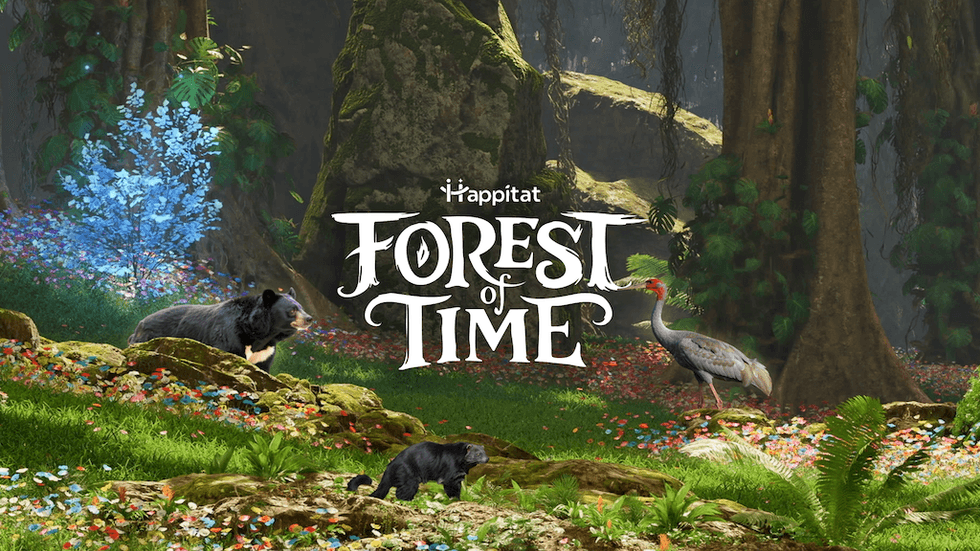 Fantasy forest with a bear, crane, and glowing trees, featuring "Forest of Time" text.