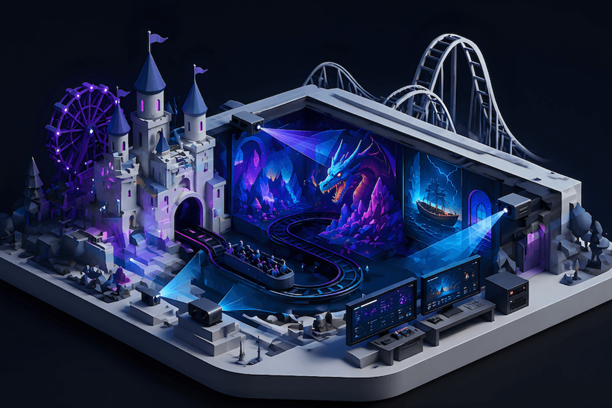 Fantasy theme park scene with castle, dragon, and roller coaster.