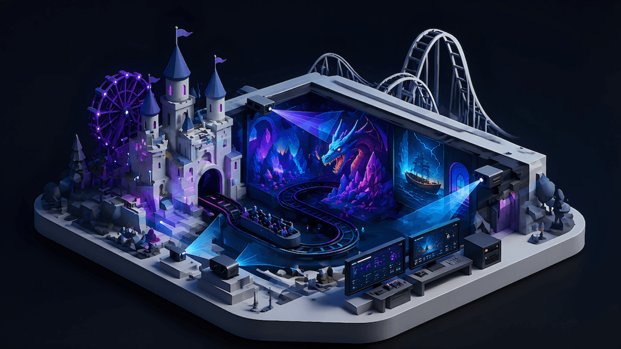 Fantasy theme park scene with castle, dragon, and roller coaster.