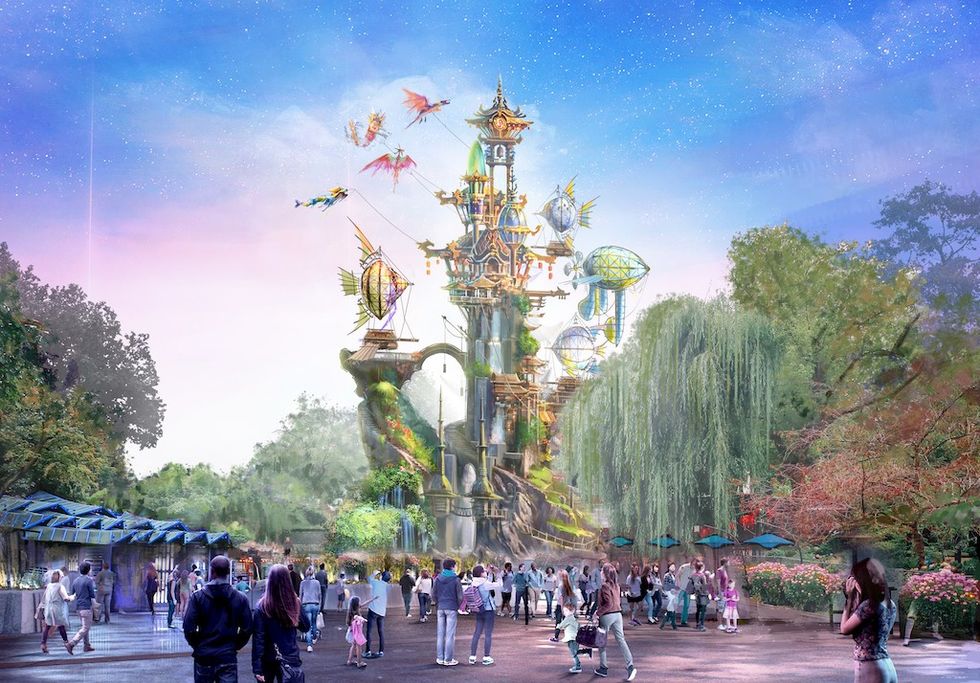 Fantasy tower with flying creatures, surrounded by trees, and visitors below.