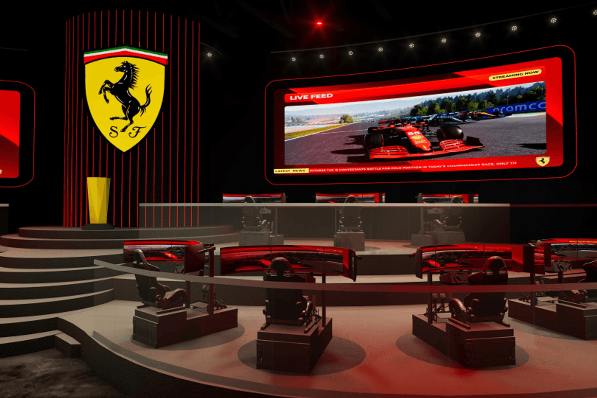 Ferrari-themed gaming setup with racing simulators and large screens displaying a live race.