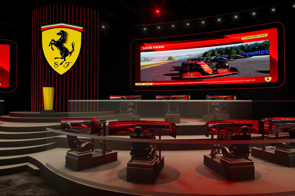 Ferrari-themed gaming setup with racing simulators and large screens displaying a live race.