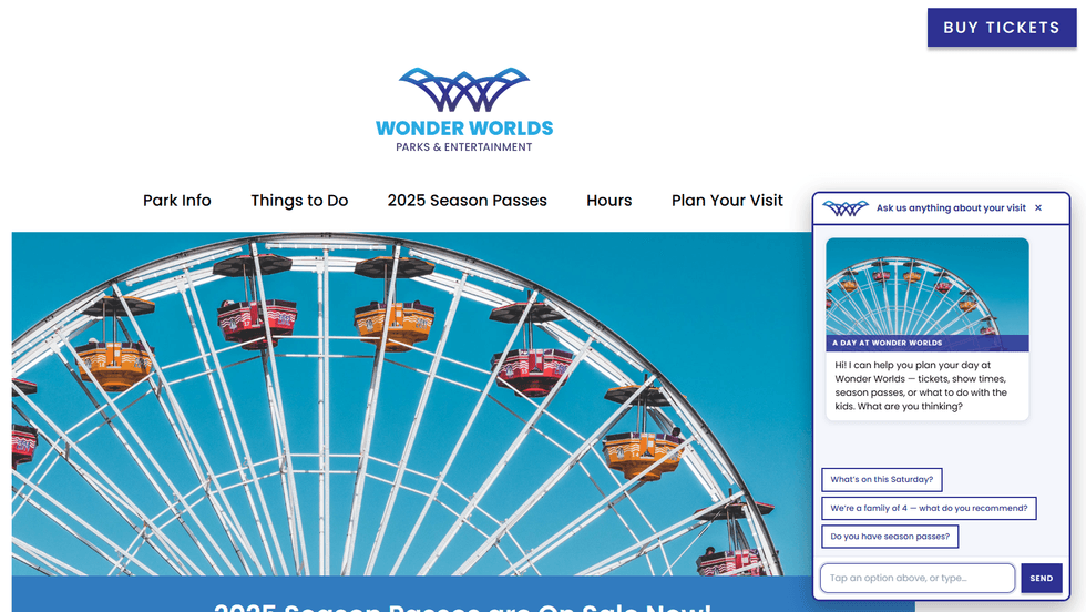 Ferris wheel against blue sky on Wonder Worlds website with chat support feature.
