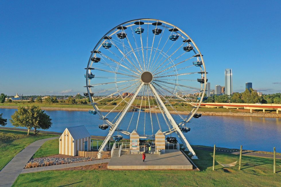 Ferris wheel by a river with a city skyline in the background on a clear day.
