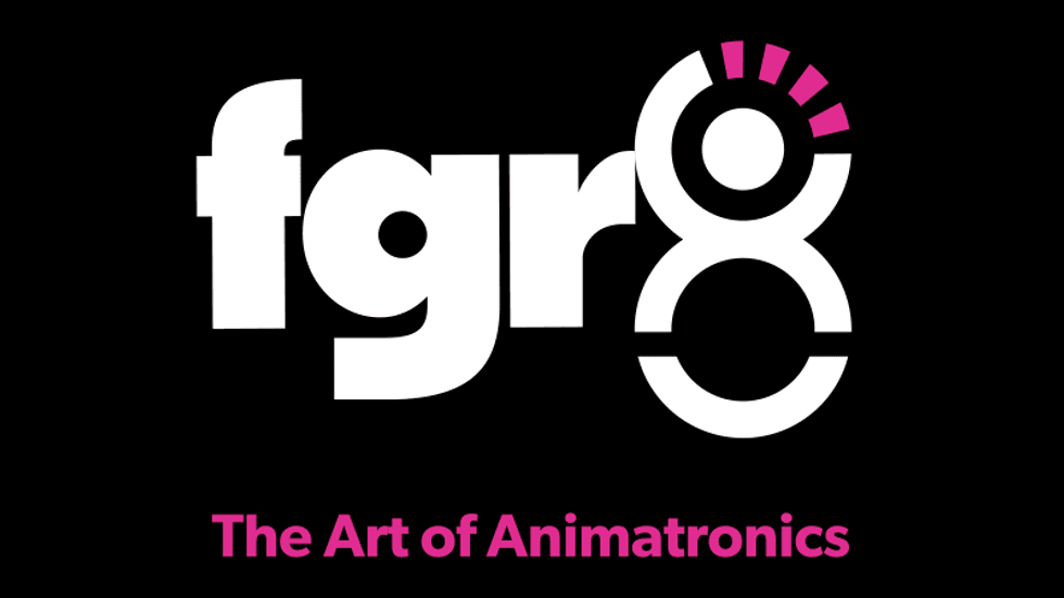 "fgr8 logo with 'The Art of Animatronics' in pink text below on black background."