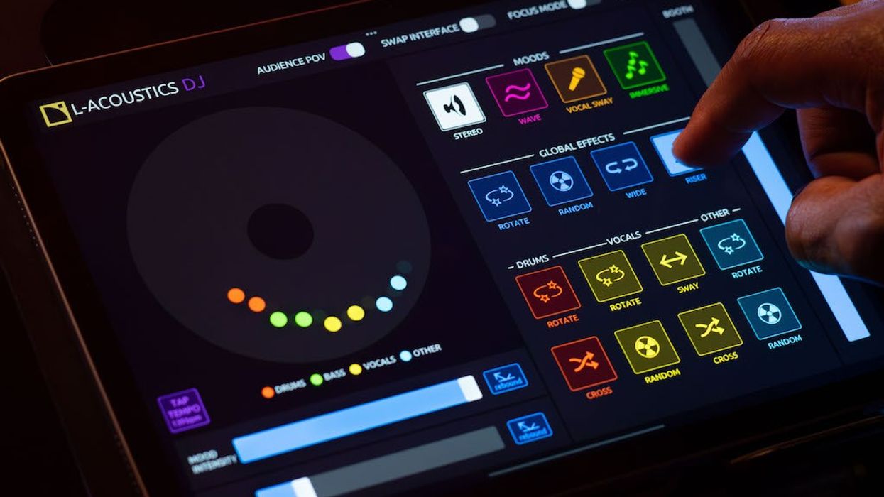 Finger tapping a digital DJ sound mixer on a touchscreen interface.
