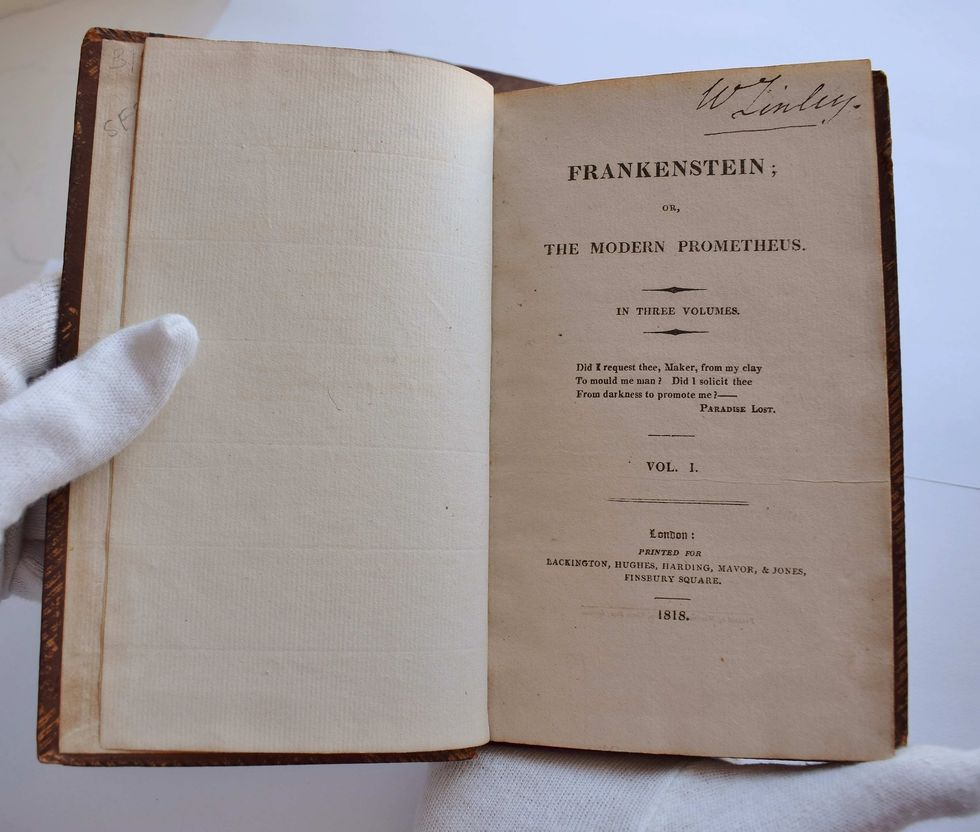 First edition of "Frankenstein" by Mary Shelley, opened to the title page, 1818.