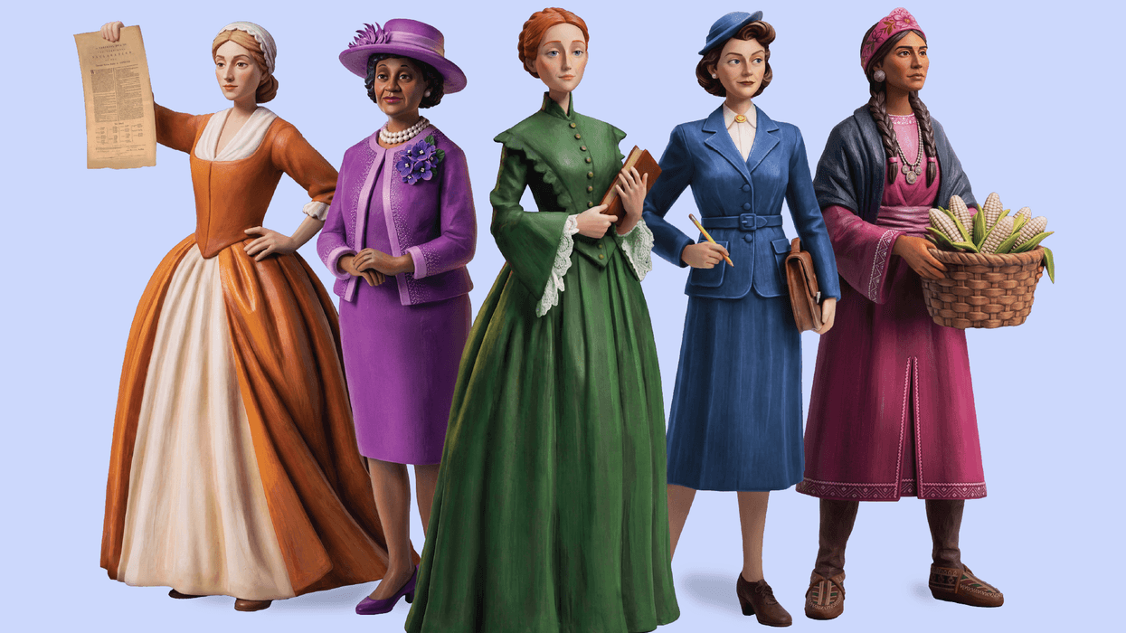 Five diverse women, each in historical attire, holding various symbolic items, in the Smithsonian's AR experience