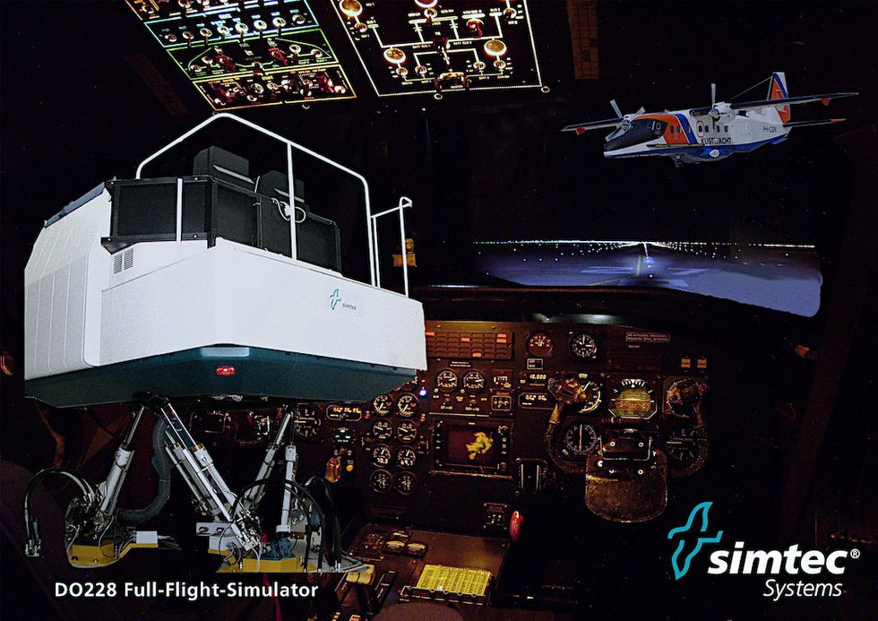 Flight simulator interior with cockpit controls and external mechanical setup.