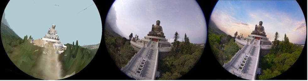 Flying rides Left - Showing previsualisation of a scene from Timeless Flight Hong Kong, Middle - Raw film, Right - final image