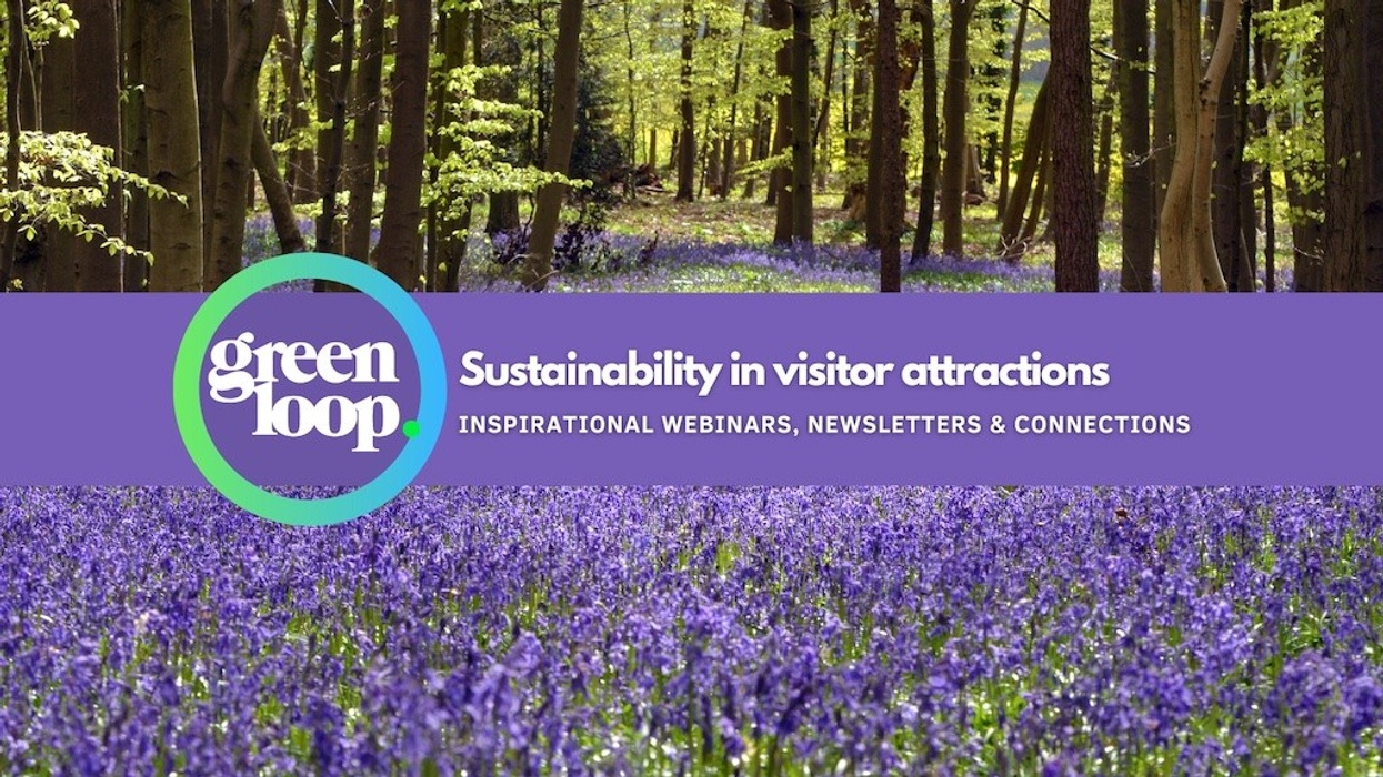 Forest with purple flowers and a green loop logo promoting sustainability in attractions.