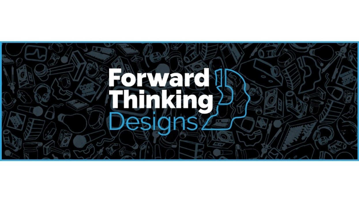 "Forward Thinking Designs logo with tech-themed background doodles."