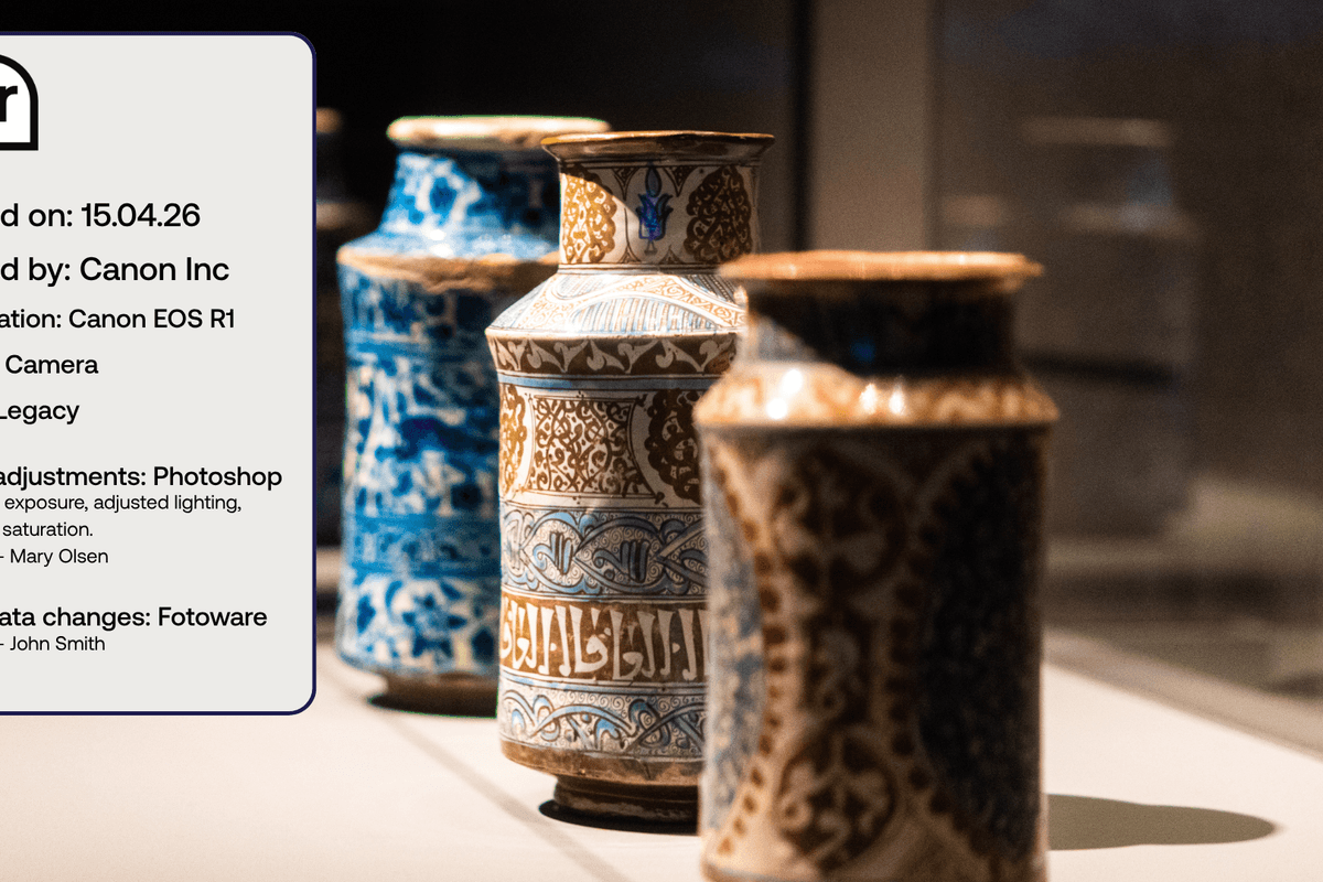Fotoware: Close-up of intricately designed vases with digital image metadata displayed beside them.