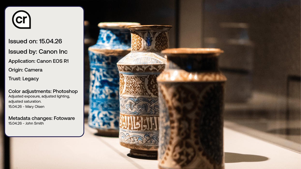 Fotoware: Close-up of intricately designed vases with digital image metadata displayed beside them.