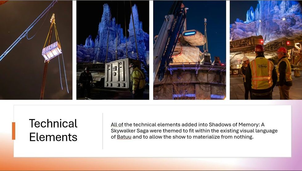 Four construction scenes with text about technical elements and Batuu theme.