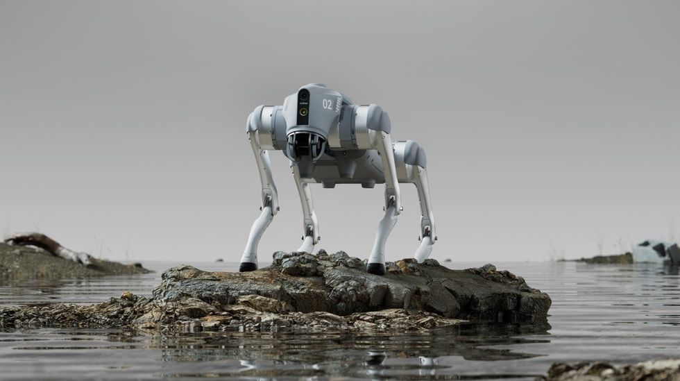 Four-legged robot standing on a rocky island in a calm, reflective body of water.