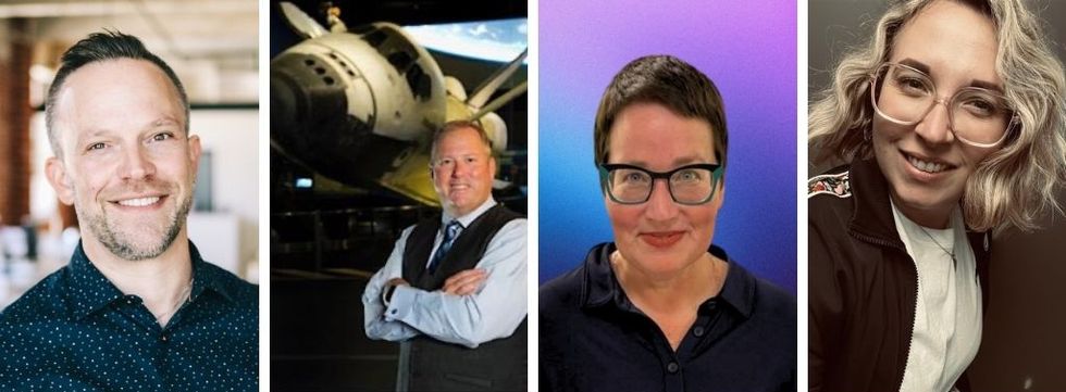 Four people with diverse backgrounds in a split-panel image.