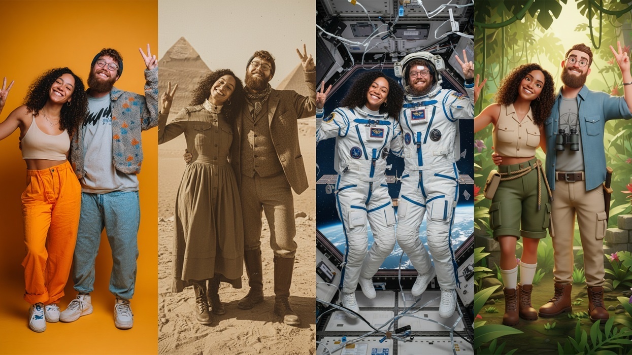 Four photos of a smiling couple in various outfits and settings, side by side.