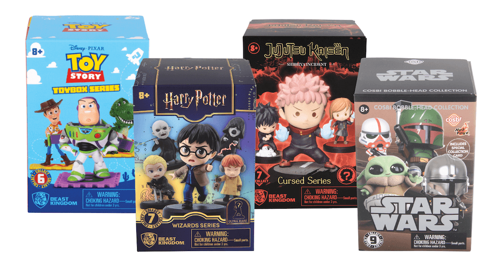 Four toy boxes: Toy Story, Harry Potter, Jujutsu Kaisen, and Star Wars.
