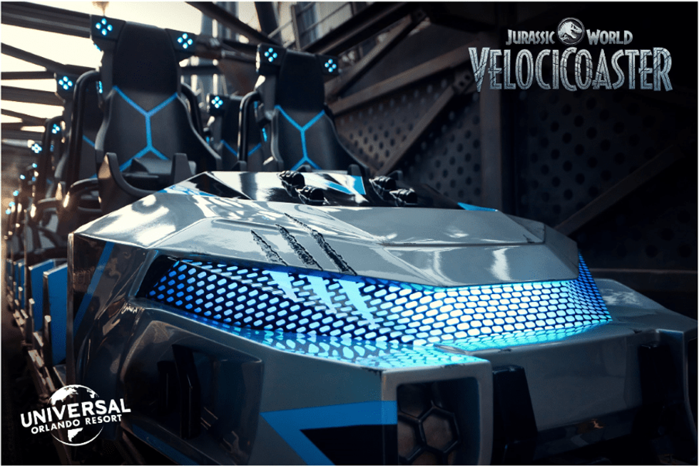 Front of ride vehicle for new VelociCoaster ride at Universal Orlando - best new extreme thrill rides 2021
