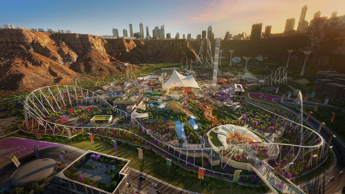 Futuristic amusement park with roller coasters, lush greenery, and city skyline at sunset.