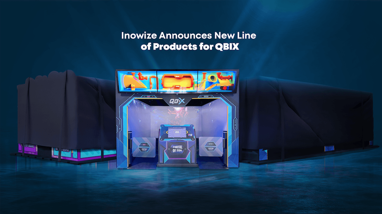 Futuristic arcade setup with neon lights and products covered in black drapes.