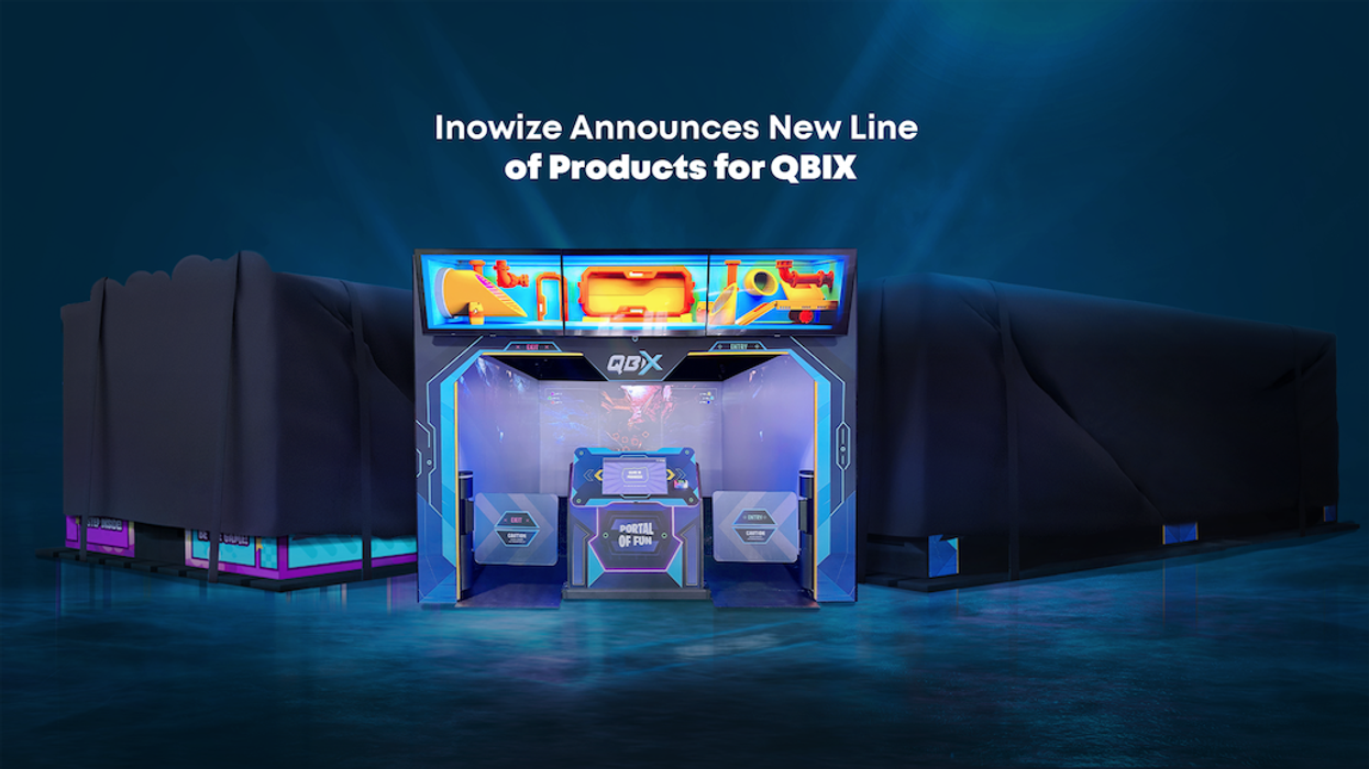 Futuristic arcade setup with neon lights and products covered in black drapes.