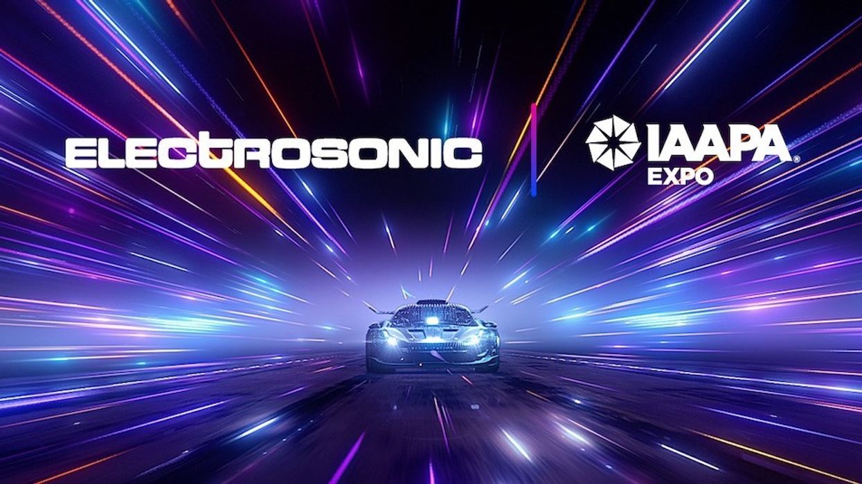 Futuristic car with vibrant light streaks, Electrosonic and IAAPA Expo logos above.