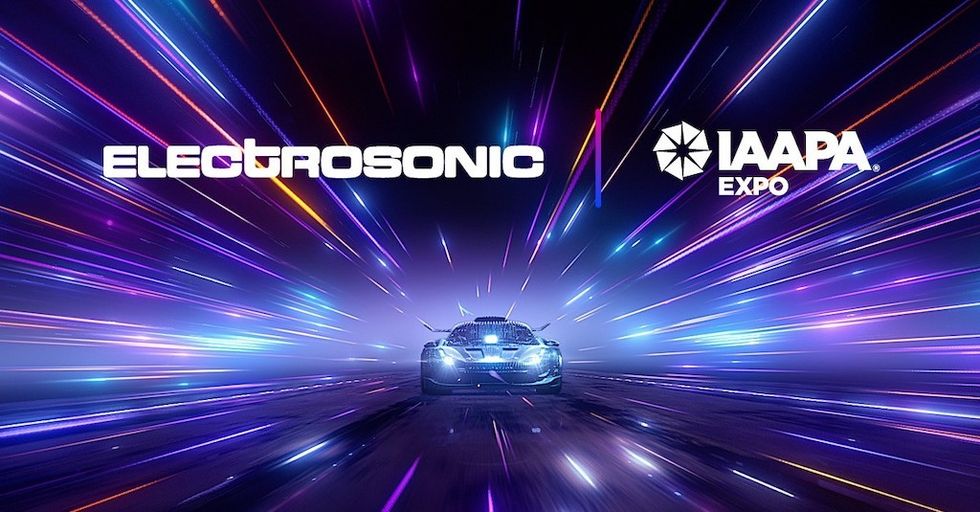 Futuristic car with vibrant light streaks, Electrosonic and IAAPA Expo logos above.