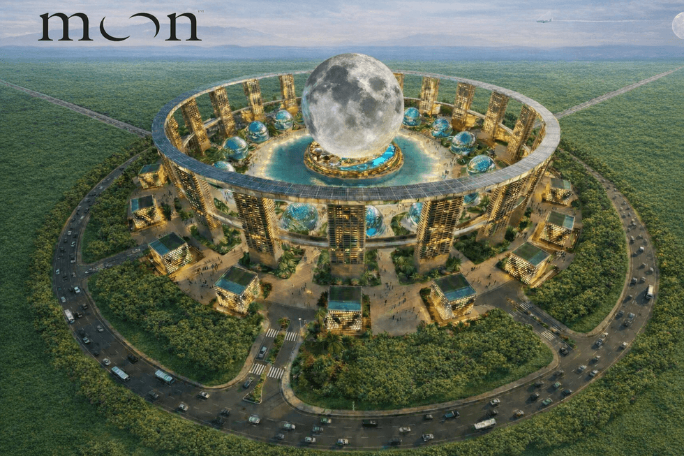 Futuristic circular city with giant moon sculpture at its center.