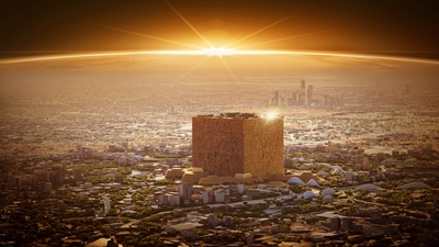 Futuristic cityscape with a large cube building at sunrise.