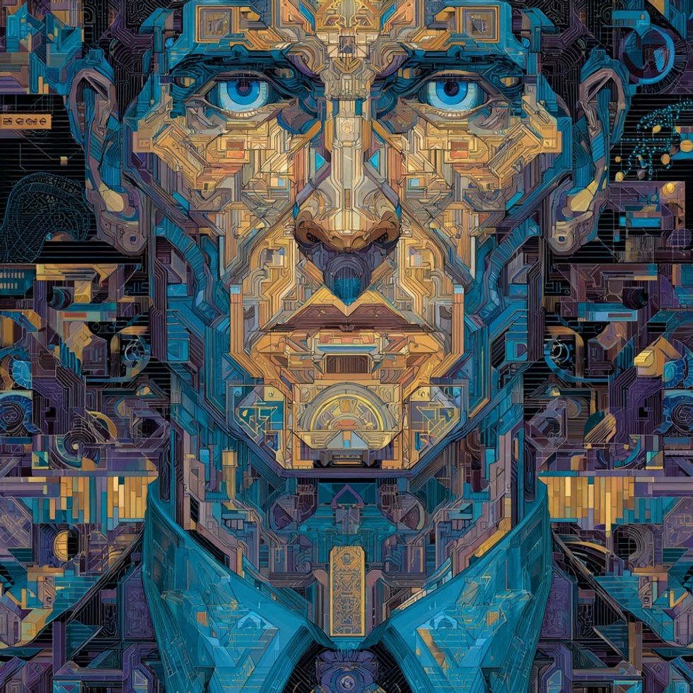 Futuristic composite portrait of a man made from intricate circuit patterns in blue and gold.