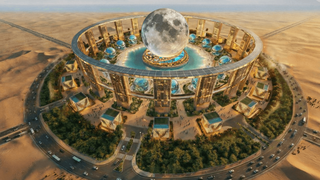 Futuristic desert complex with a giant moon centerpiece and dome structures.