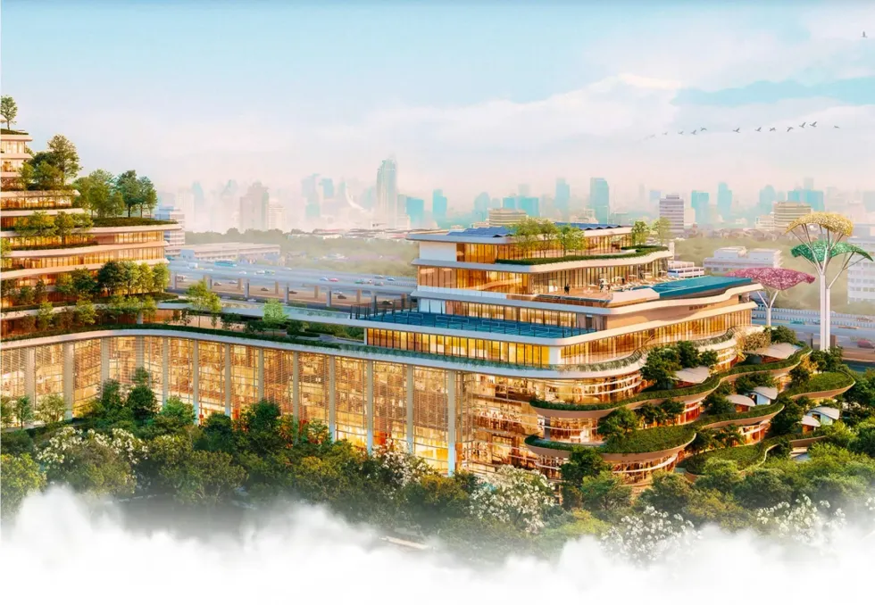 Futuristic eco-friendly building with lush terraces, city skyline in background.