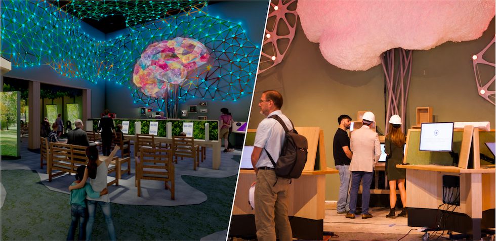 Futuristic exhibit with glowing brain decor and people interacting with displays.