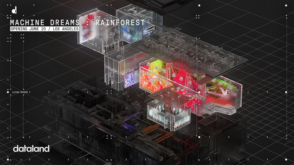 Futuristic exhibition layout at Refik Anadol's Dataland with colorful sections, titled "Machine Dreams: Rainforest."