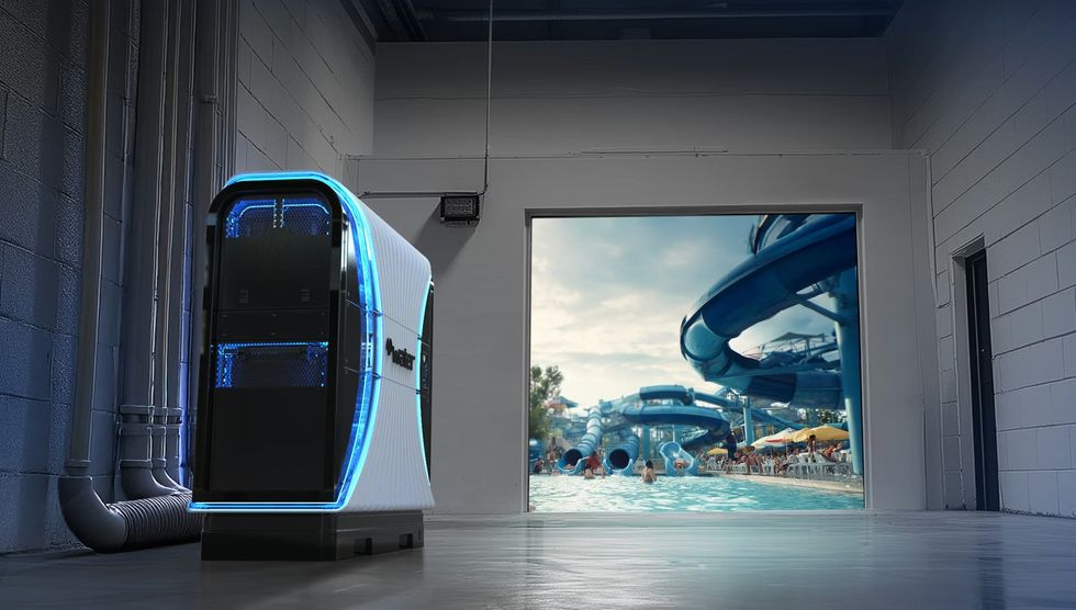 Futuristic filter system with glowing lights inside a building, facing a window with a waterpark view.