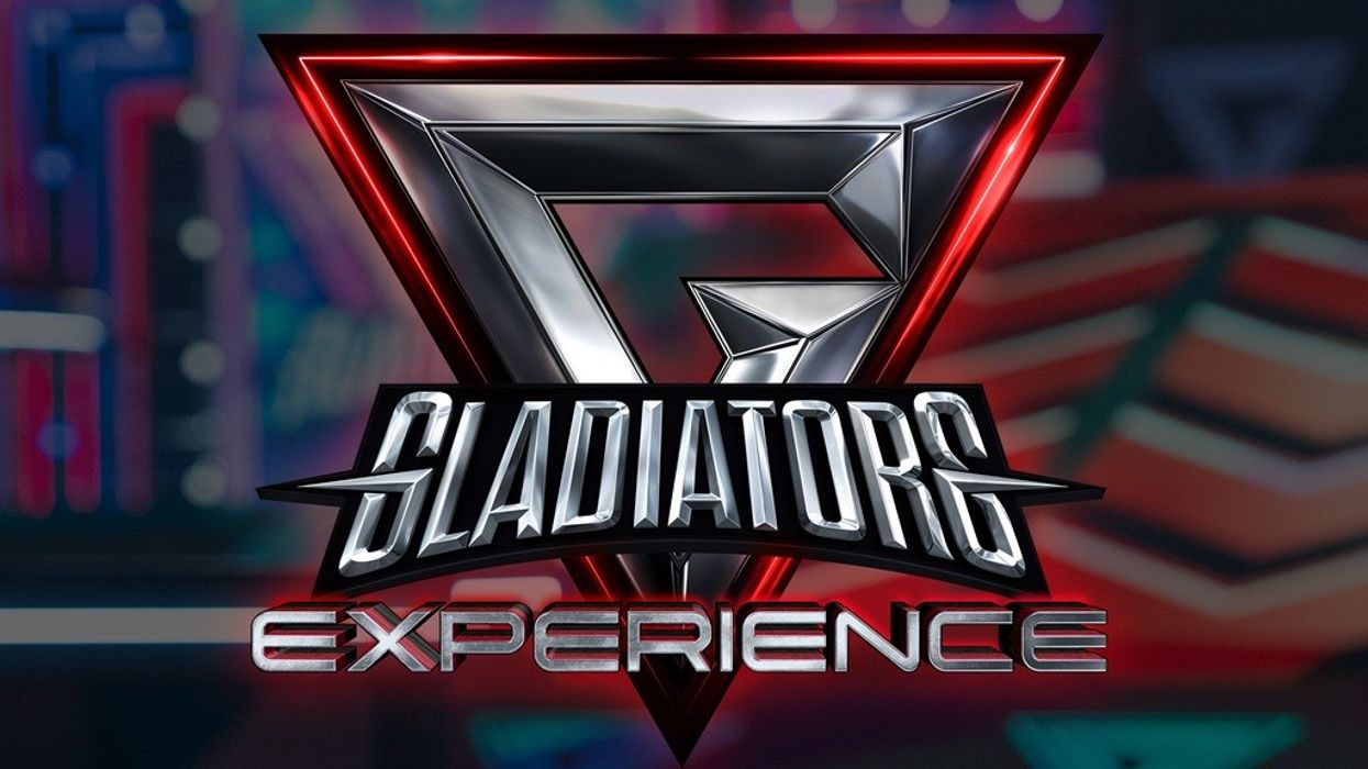 Futuristic "Gladiators Experience" logo on a colorful, blurred background.