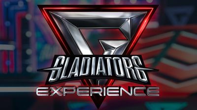 Futuristic "Gladiators Experience" logo on a colorful, blurred background.