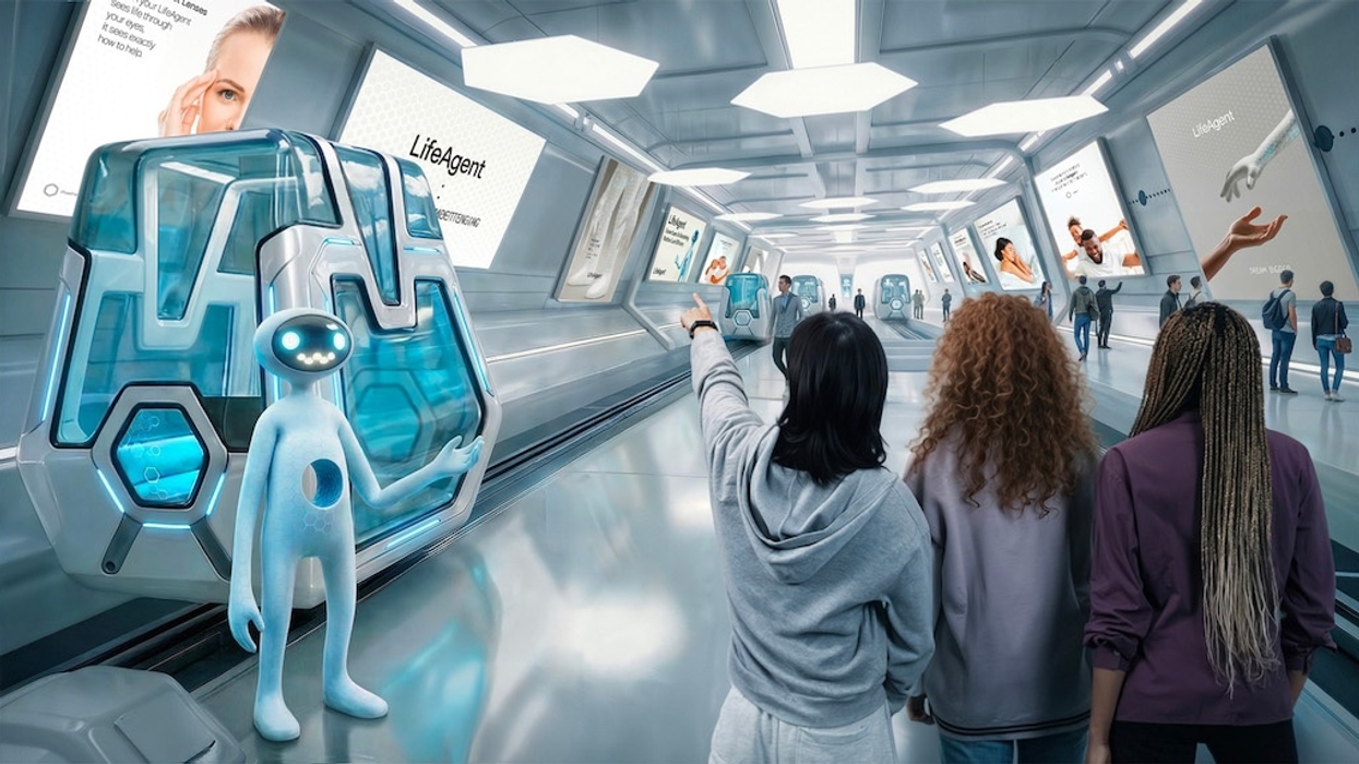 Futuristic hallway with people, a robot, and digital advertisements on the walls. The Black Mirror Experience