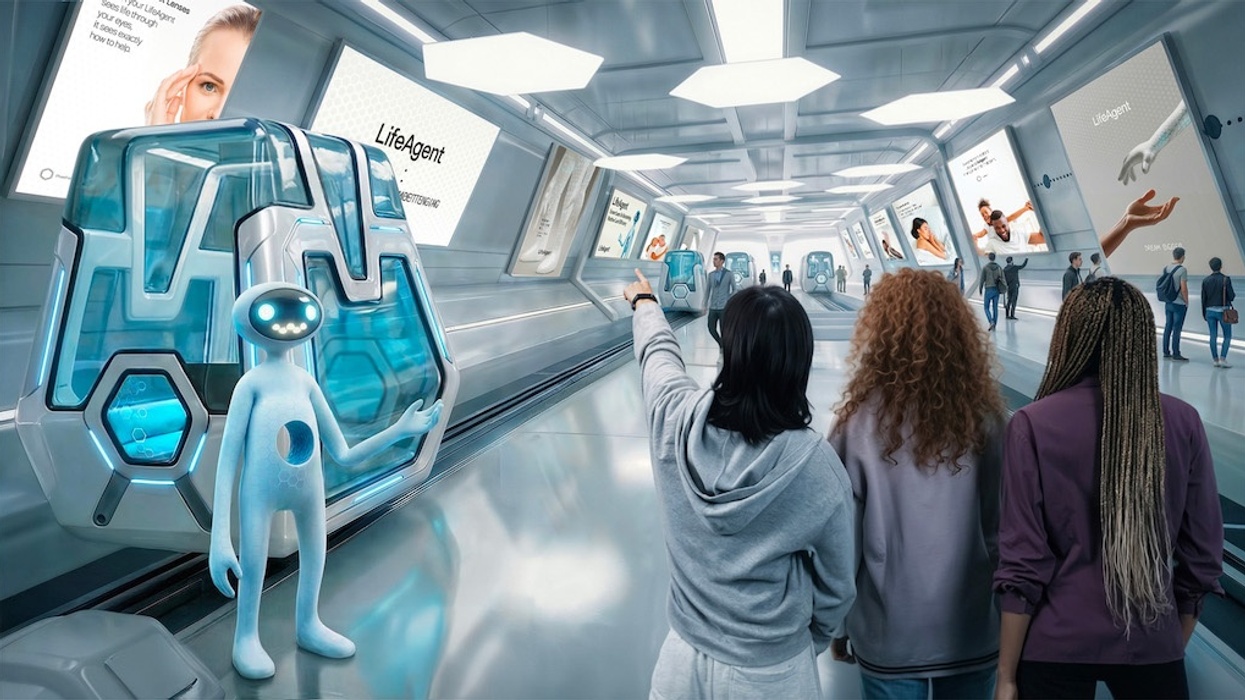 Futuristic hallway with people, a robot, and digital advertisements on the walls. The Black Mirror Experience