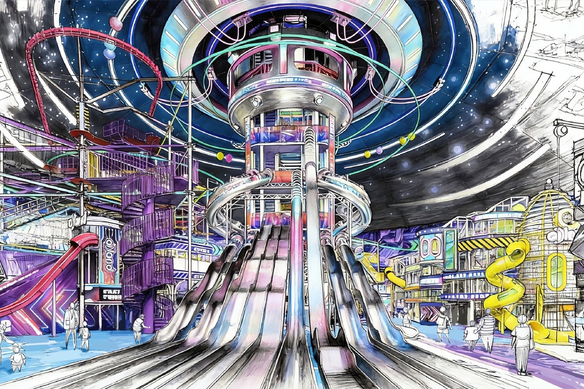 Futuristic indoor playground with slides, colorful structures, and a starry ceiling.